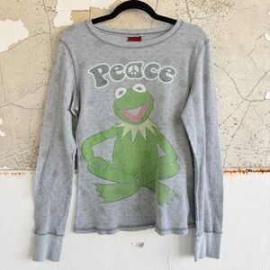 Kermit the Frog Thermal Shirt The Muppets Peace Waffle Knit Long Sleeve Womens M